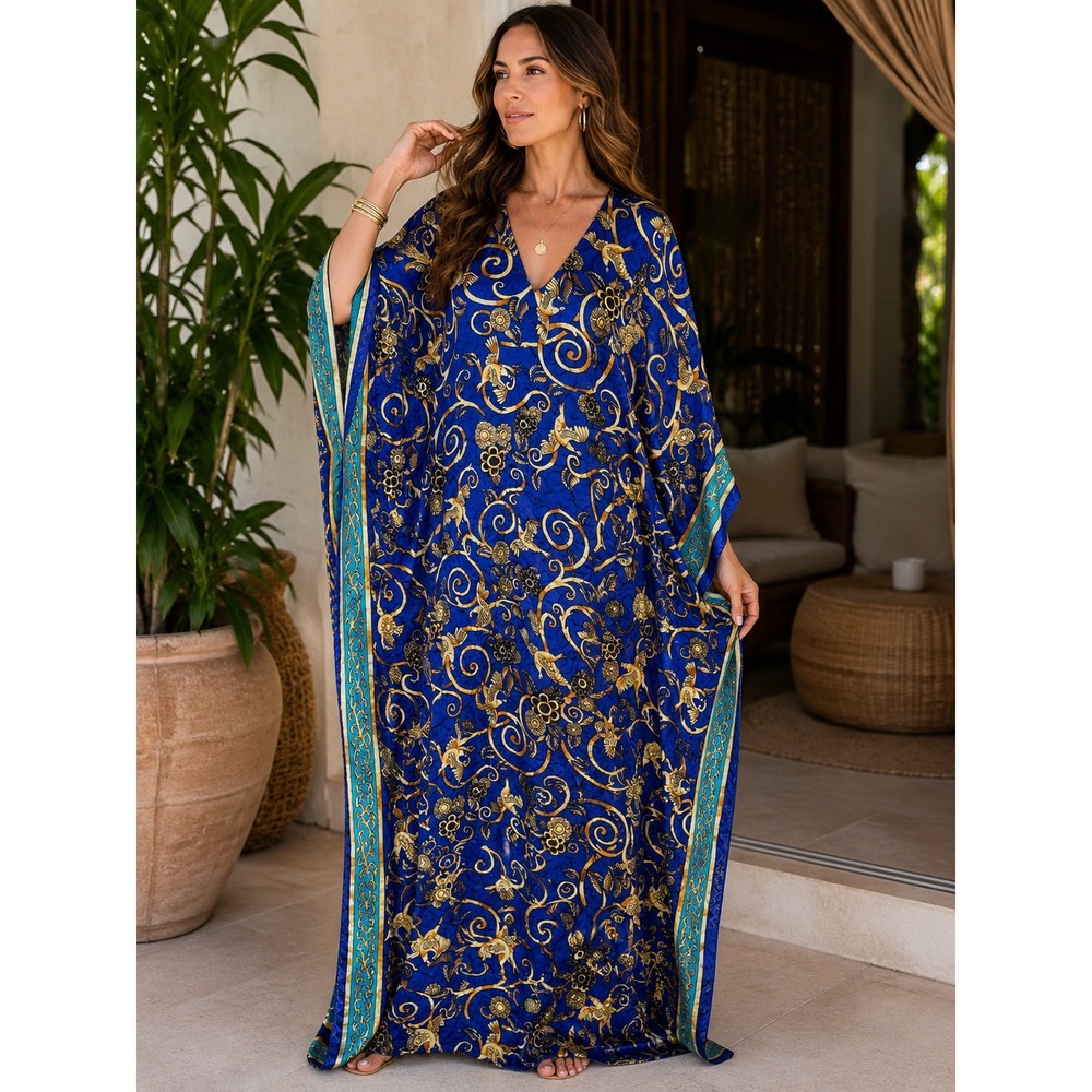 Sante Classics Blue Gold Bird Floral Kaftan Maxi Dress V-Neck Free Size Pakistan